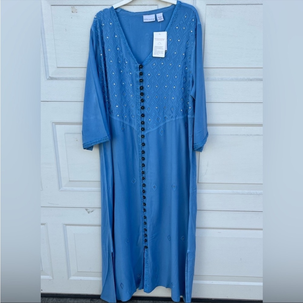 Women's Soft Surroundings Dress blue Embroidered Maxi Button Front Boho plus 1X